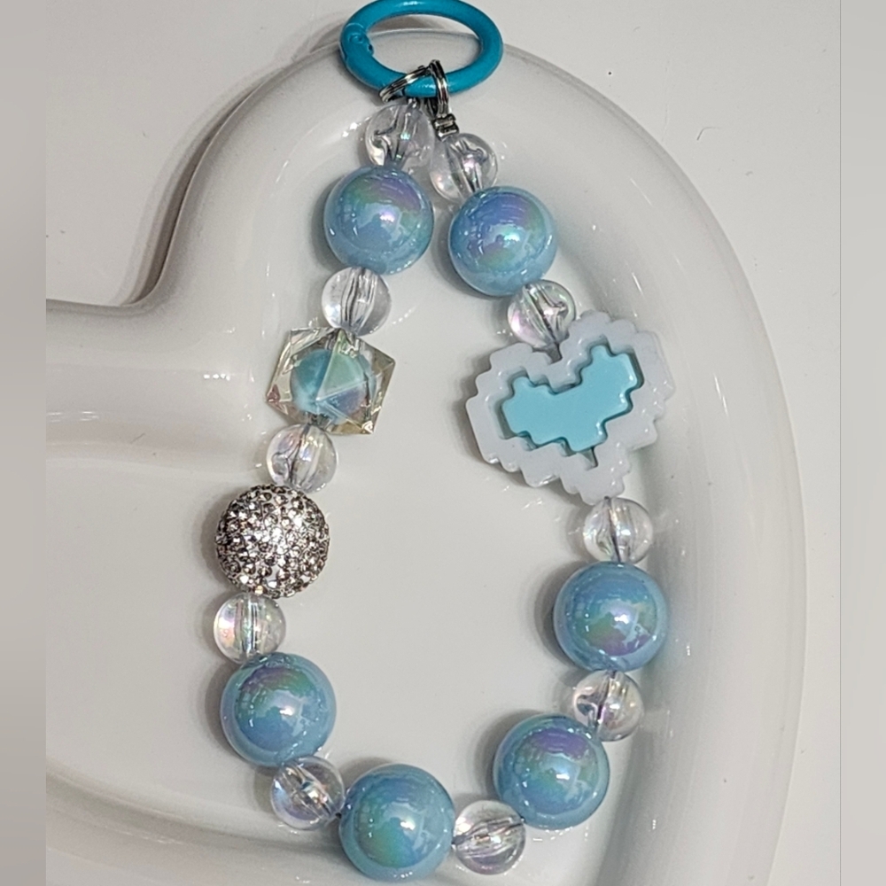 Beaded Keychain Phone Chain Blue White Accent Rhinestone‎ Valentine Hearts